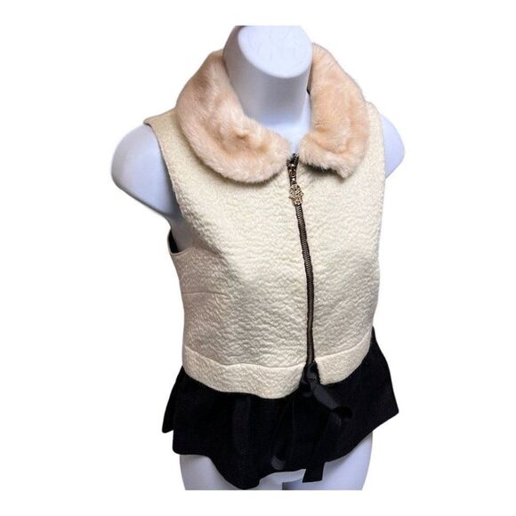 Manoush Women’s US 4 Merino Wool Vest Faux Fur Collared zip Bow Tie Party Event - Picture 1 of 12